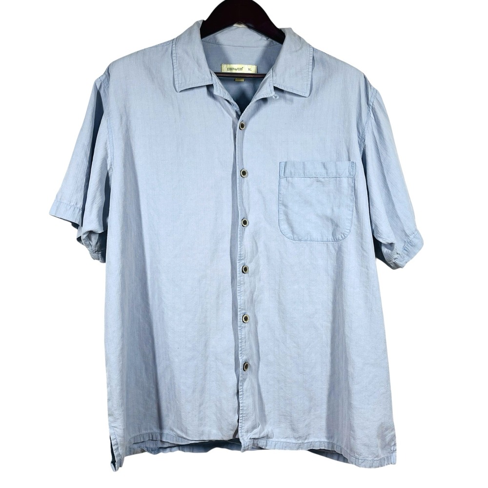 Joseph & Feiss Loop Collar Camp Shirt Mens XL Blue 100% Silk Short Sleeve Beach